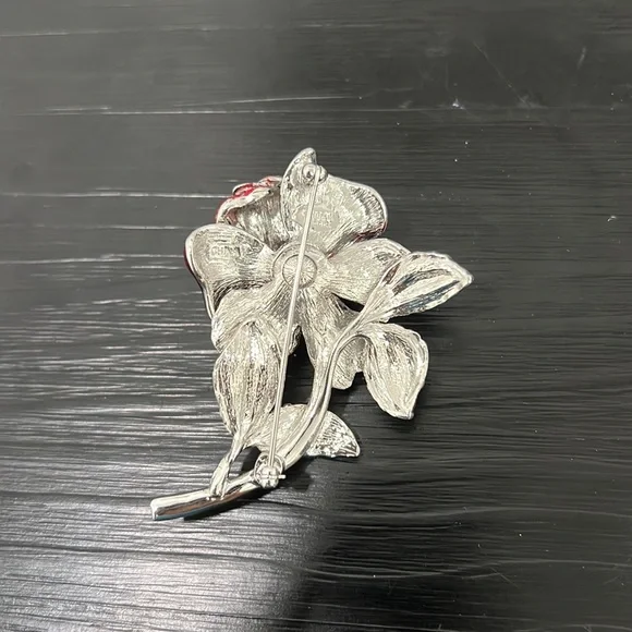 Nolan Miller Red Enamel and stone Silver Tone Brooch - Picture 3 of 4